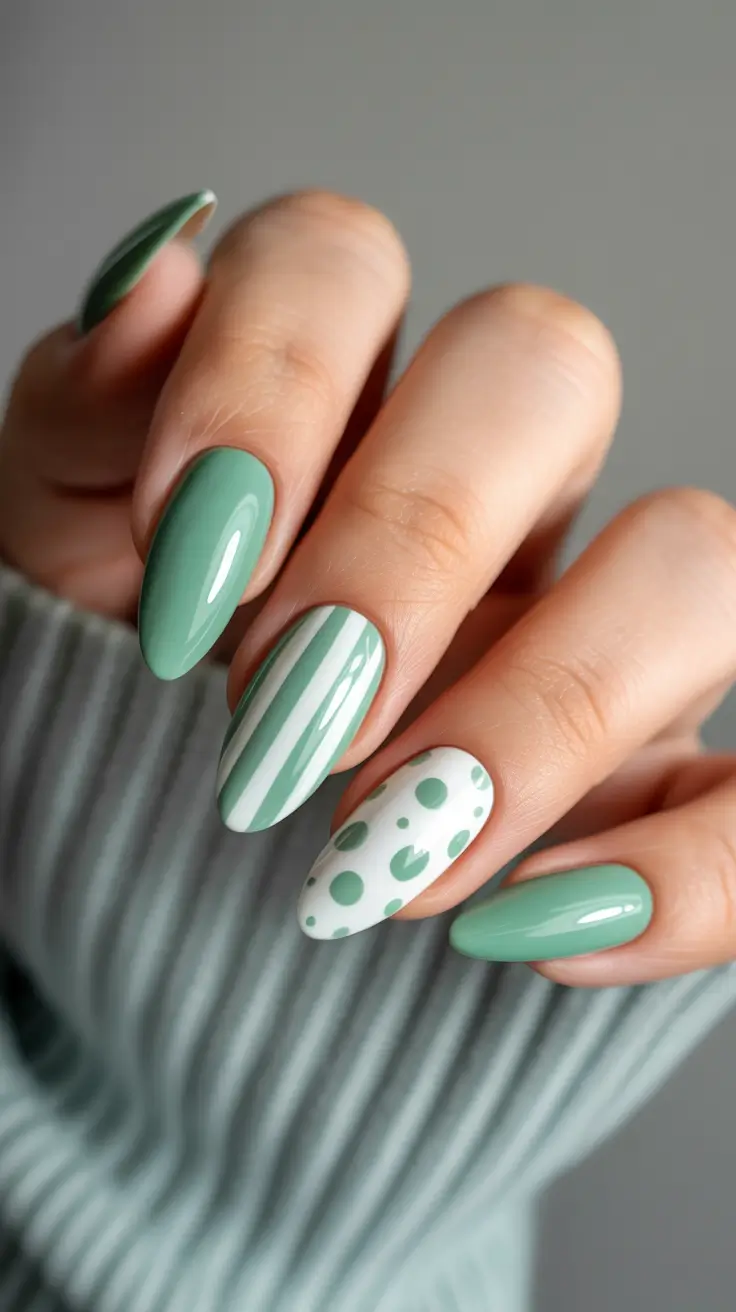 cute simple spring nails 2026 Mint Mix with Stripes and Polka Dots