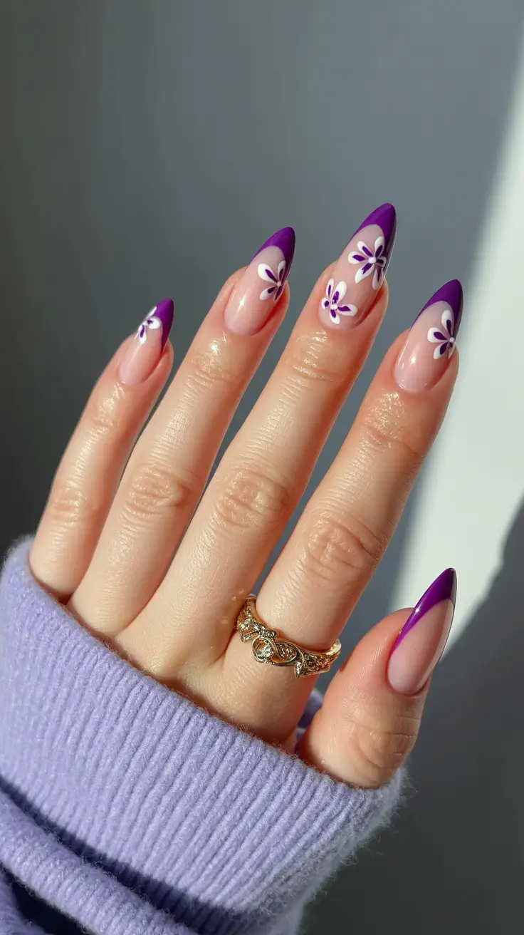 cute simple spring nails 2026 Deep Violet French with Minimal Blossoms