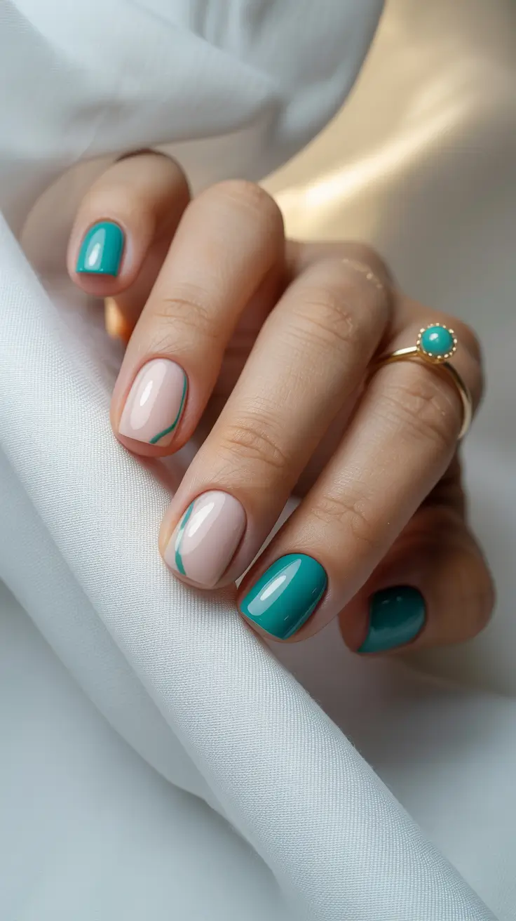 cute simple spring nails 2026 Teal Minimal Lines on Short Natural Nails