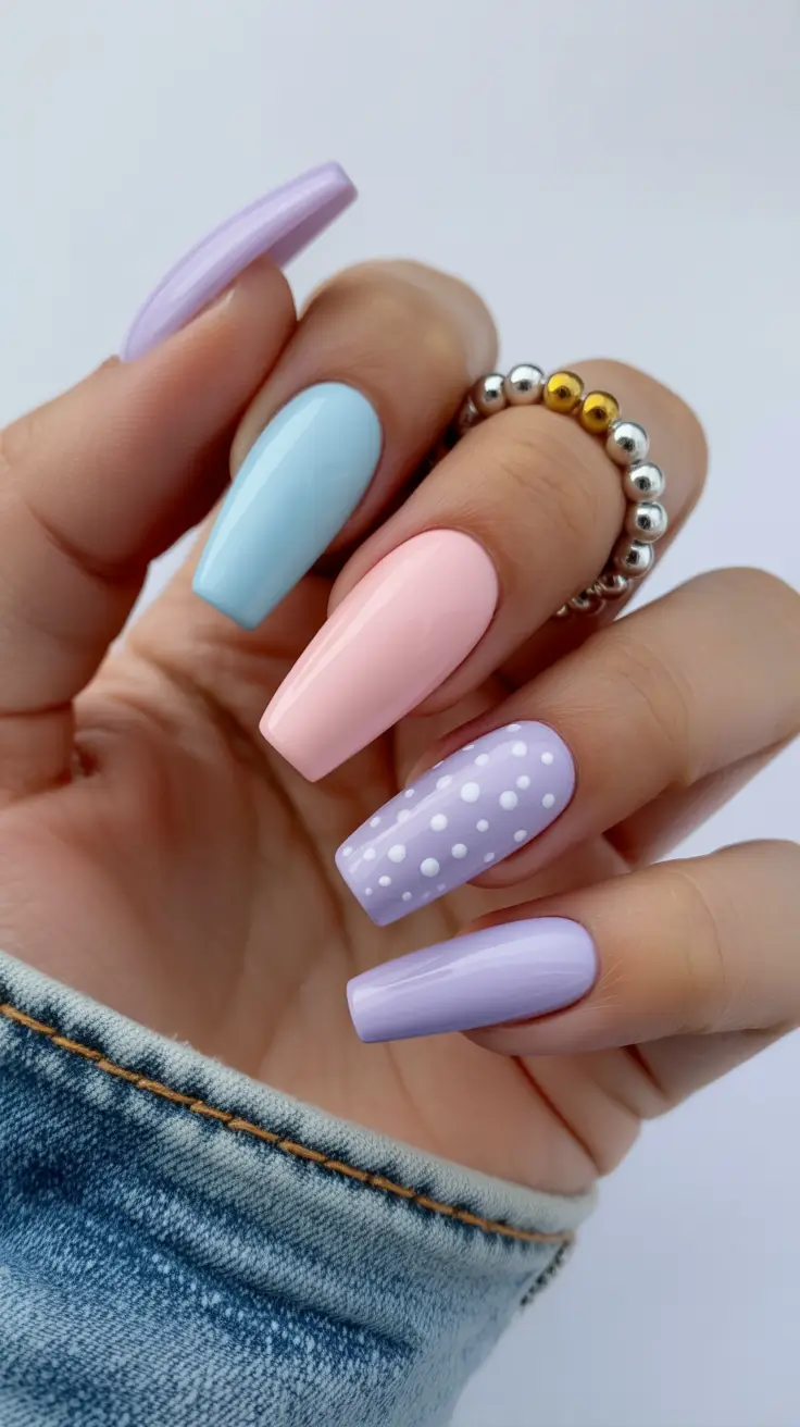 cute simple spring nails 2026 Soft Pastel Mix with Polka Dot Detail