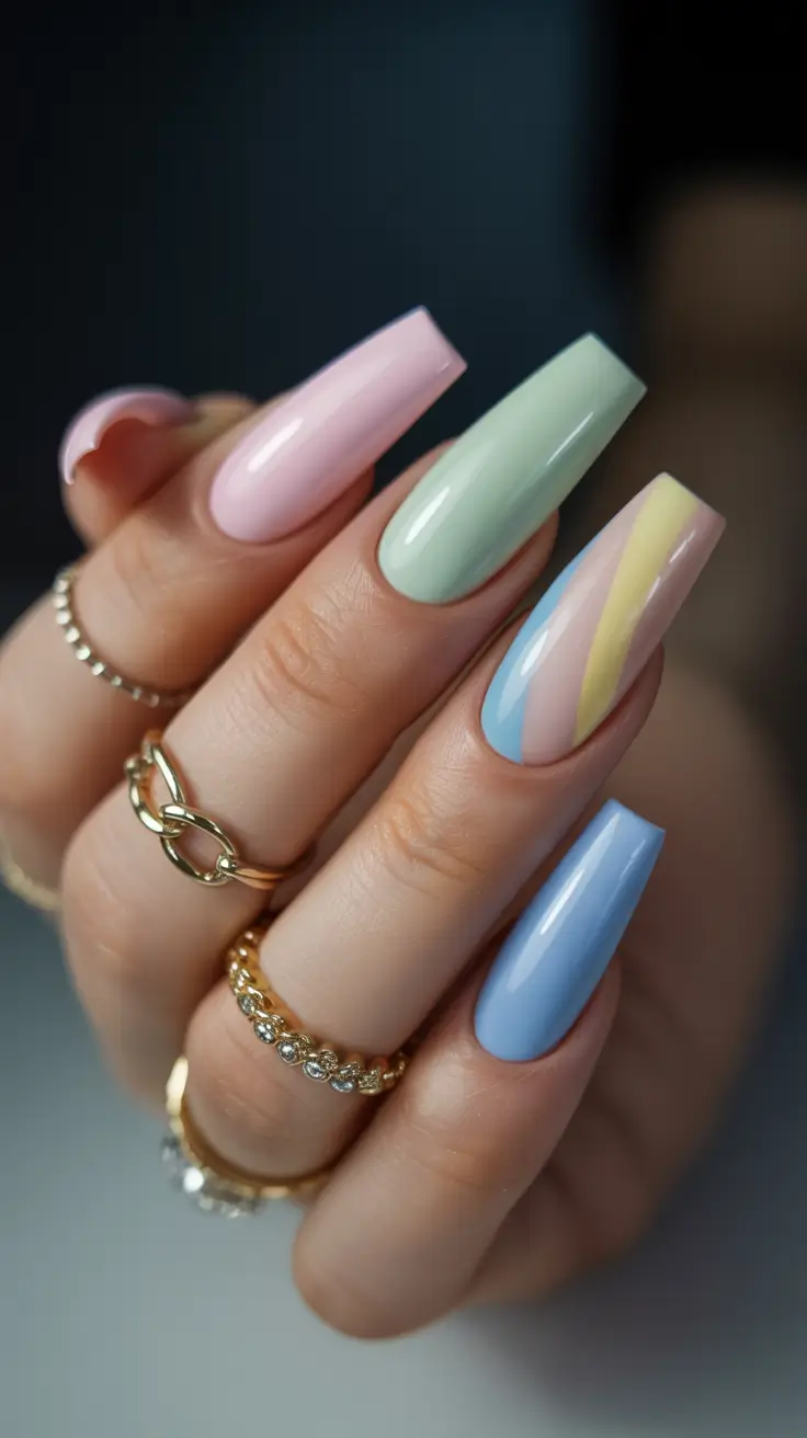 cute simple spring nails 2026 Diagonal Pastel Color Blocking
