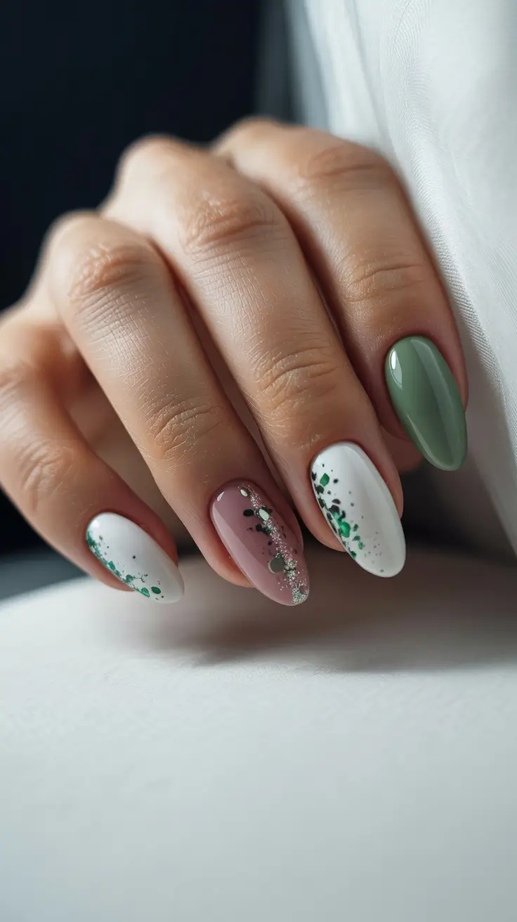 cute simple spring nails 2026 Muted Green and Speckled Minimalism