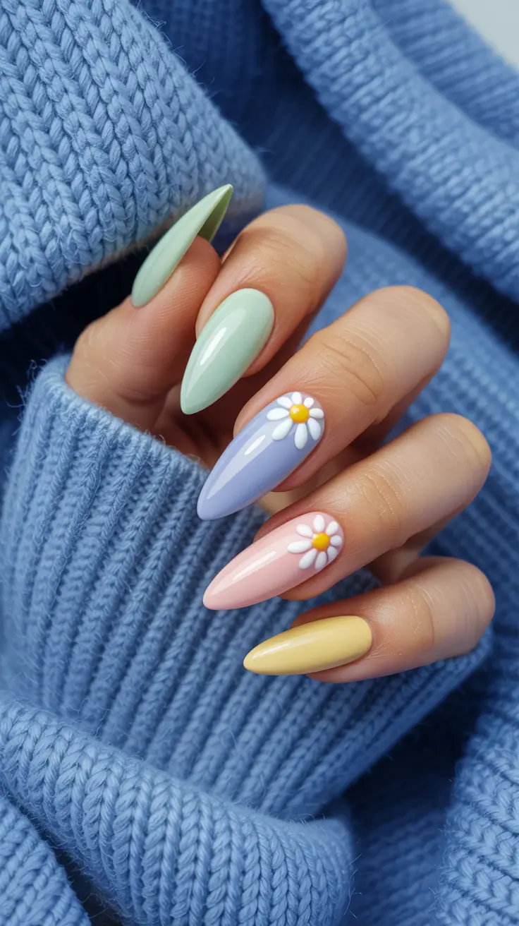 cute simple spring nails 2026 Playful Pastel Almond with Daisy Pops