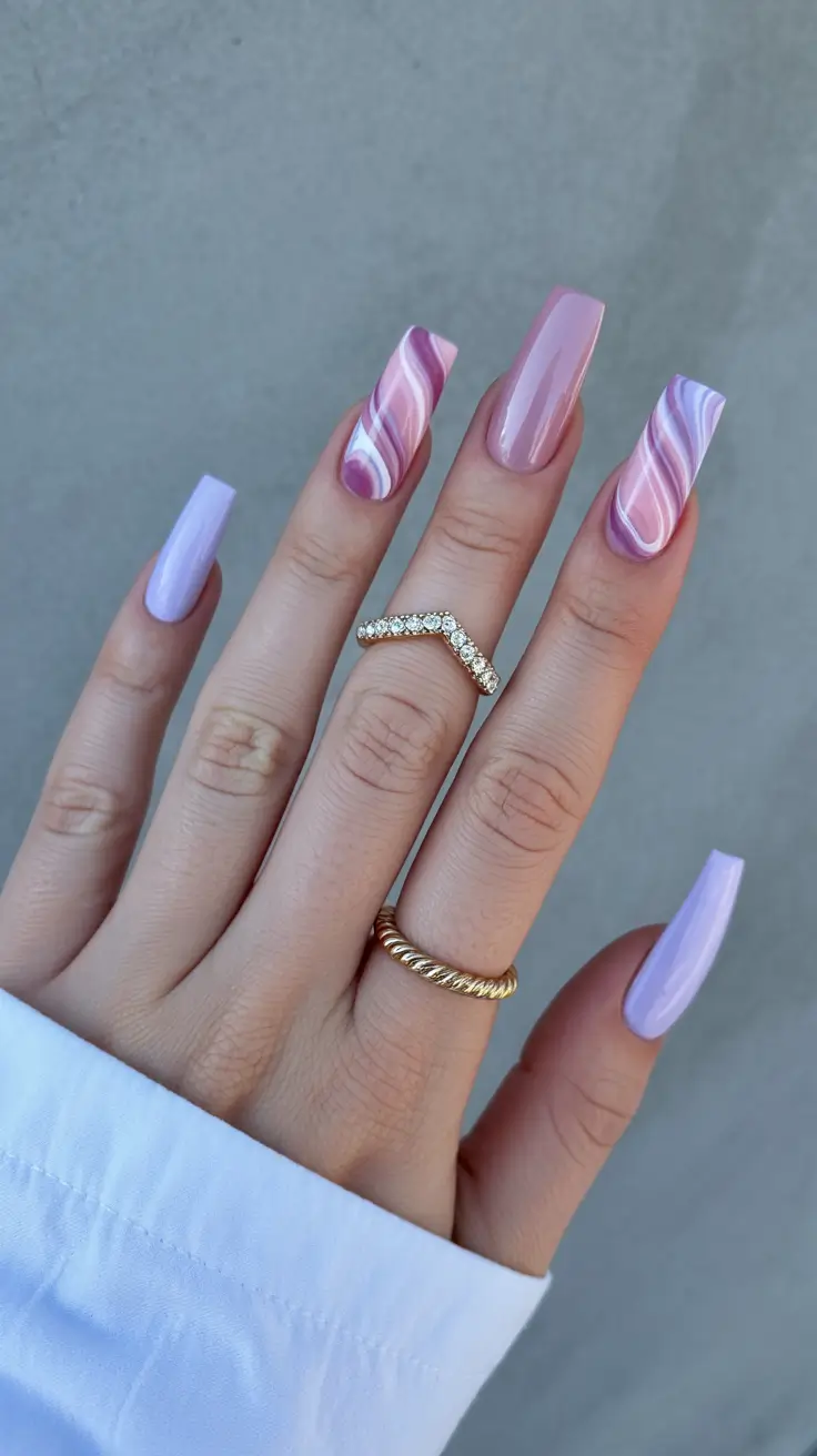 cute simple spring nails 2026 Lavender and Pink Marble Flow