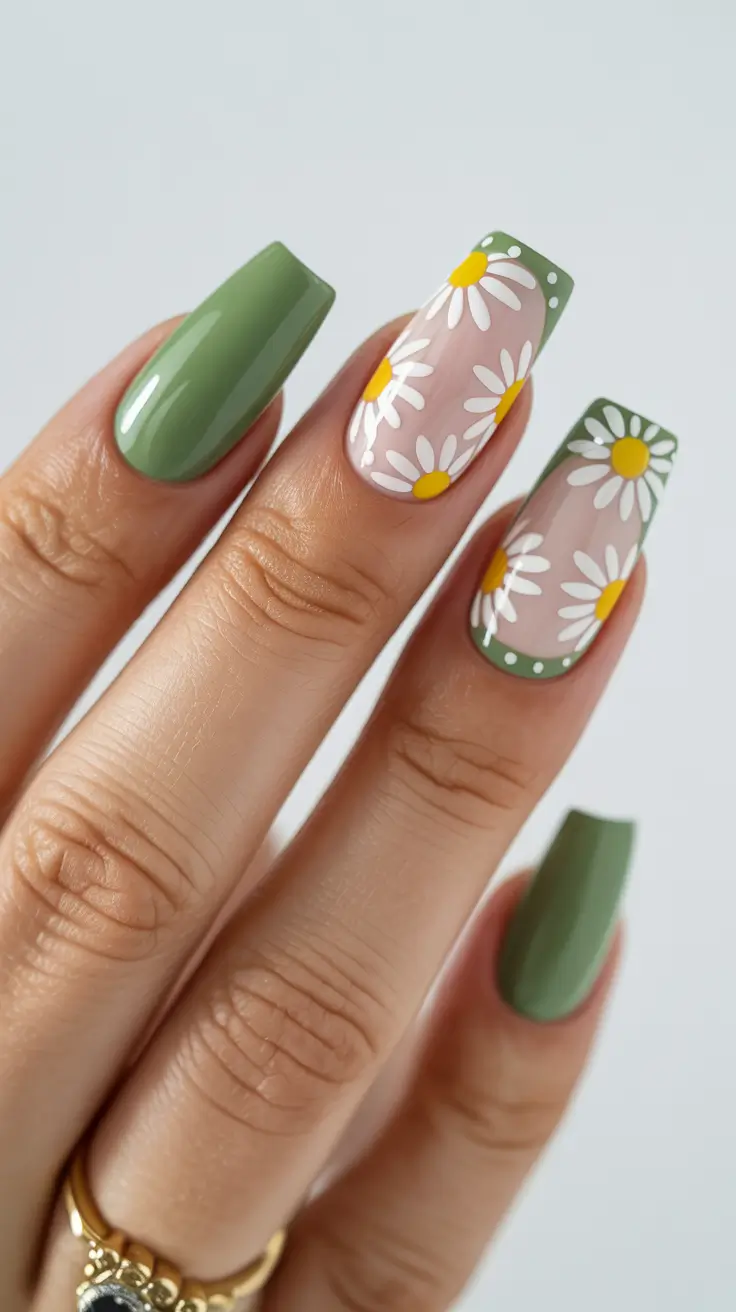 cute simple spring nails 2026 Olive Green and Daisy Statement