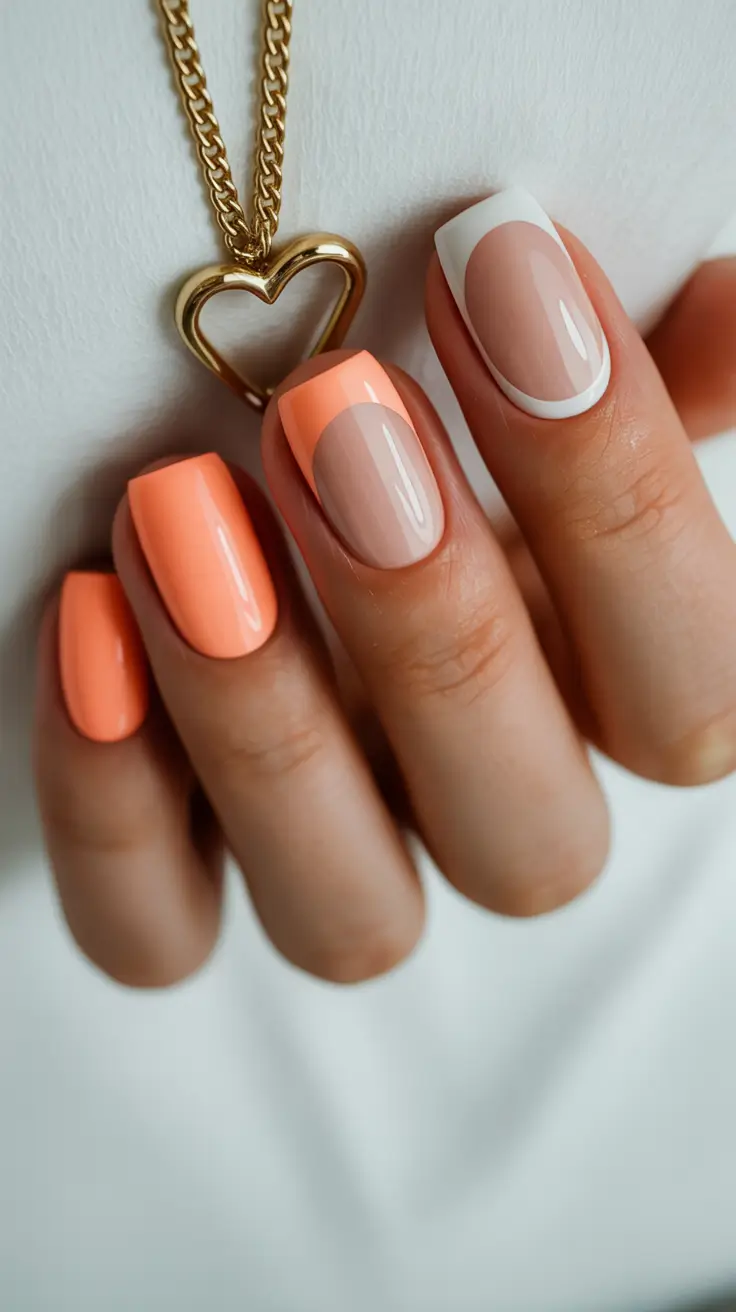 cute spring gel nails 2026 Peach Cream and Modern French Soft Contrast
