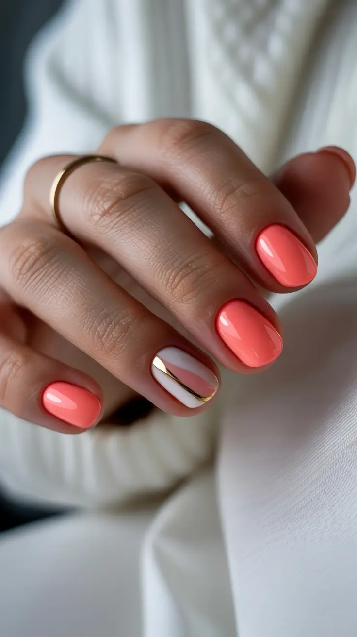 cute spring gel nails 2026 Coral Gloss with Minimal Gold Stripe Accent