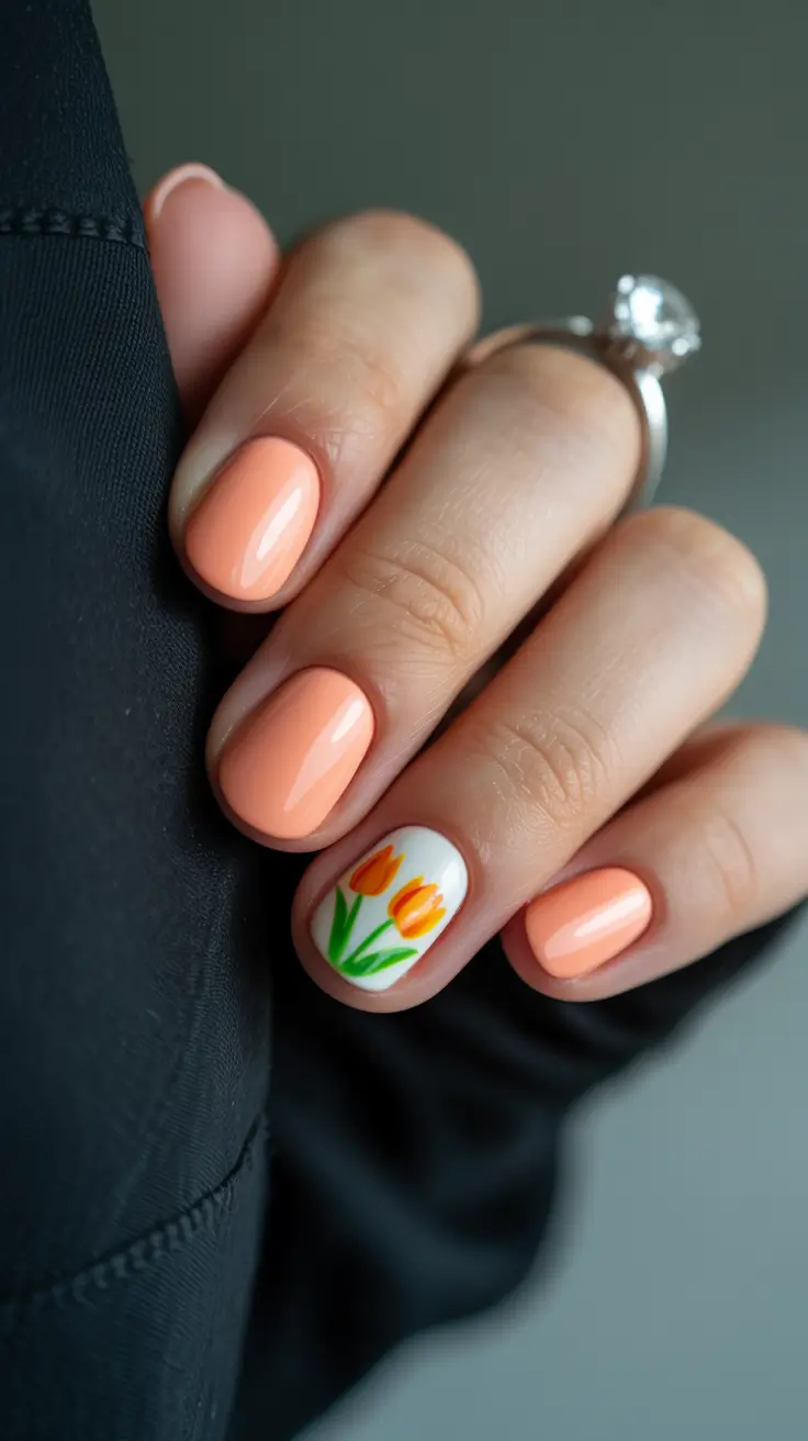 cute spring gel nails 2026 Peach Tulip Accent Soft Spring Classic