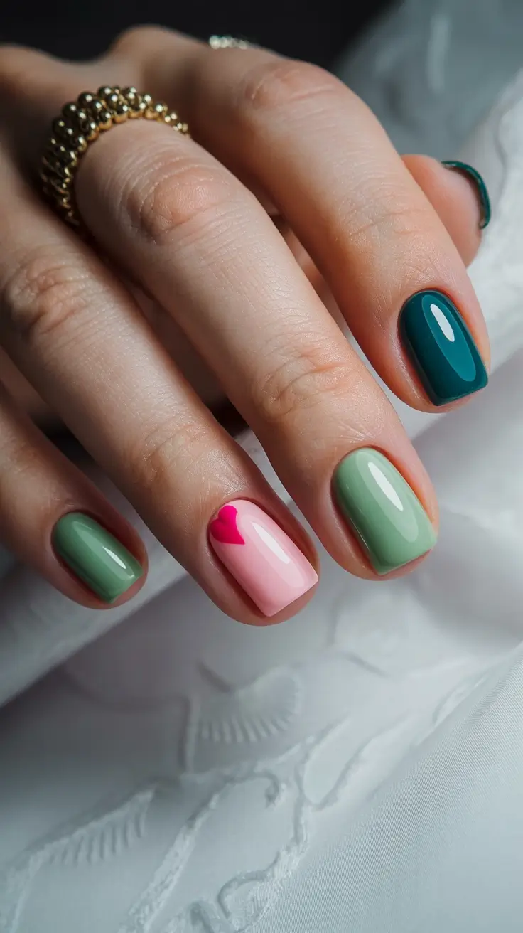 cute spring gel nails 2026 Fresh Green Color Story with Heart Accent