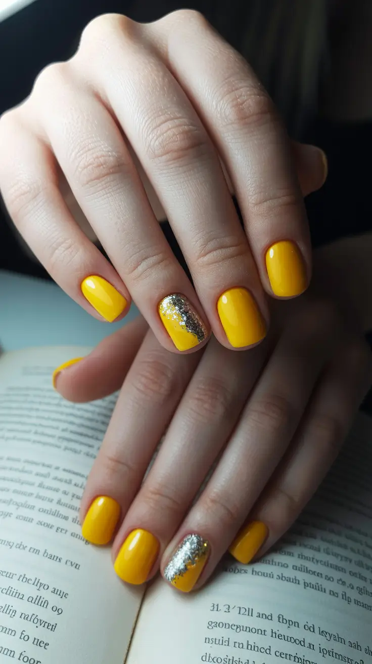 cute spring gel nails 2026 Sunshine Yellow with Molten Silver Accent