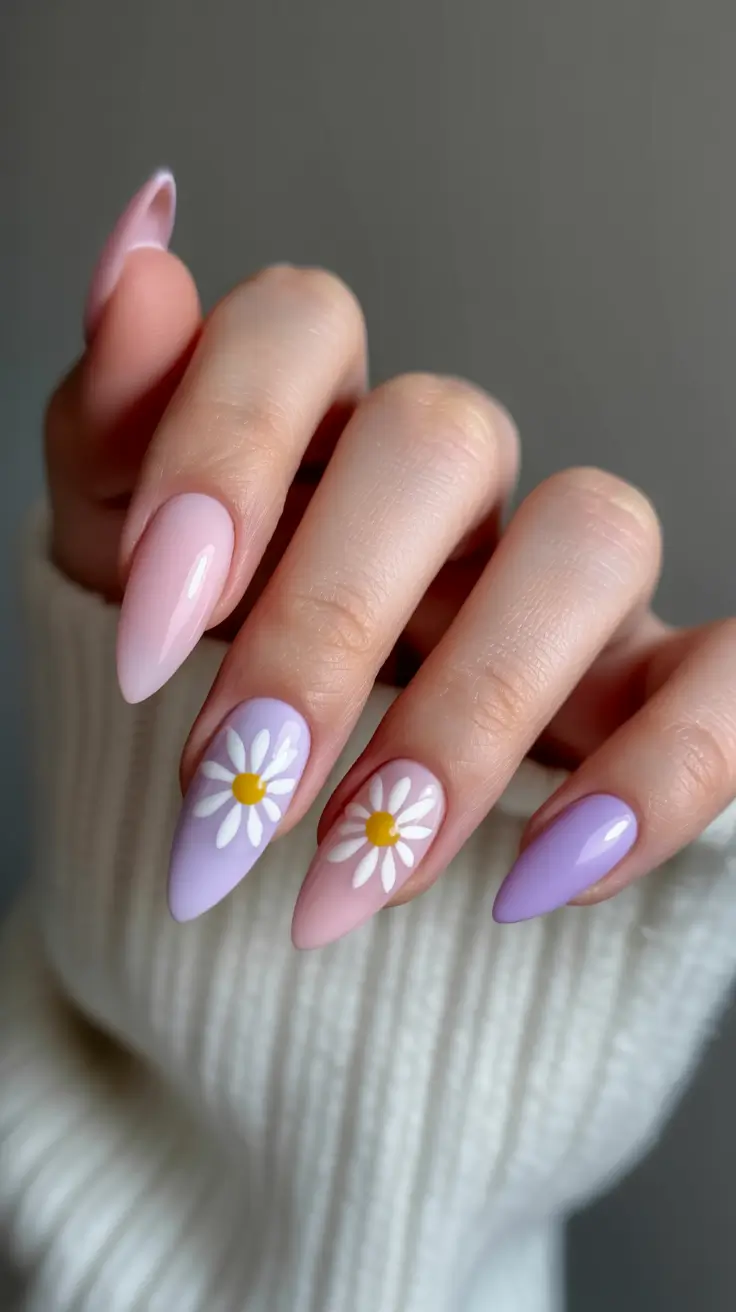 cute spring gel nails 2026 Pastel Daisy Almond Nails for Soft Spring Romance