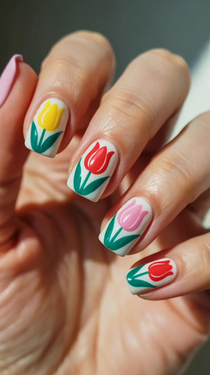 cute spring gel nails 2026 Graphic Tulip Garden Accent Nails