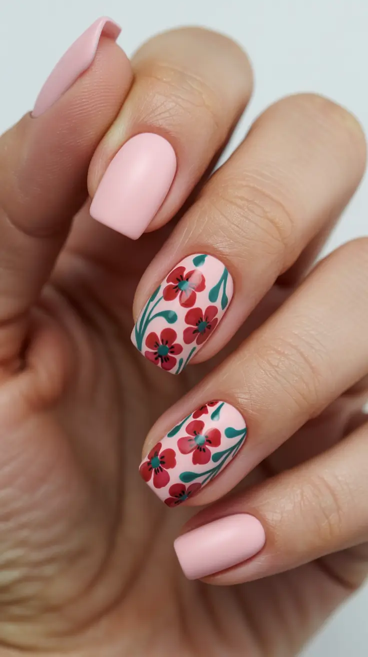 cute spring gel nails 2026 Matte Pink with Retro Floral Pattern