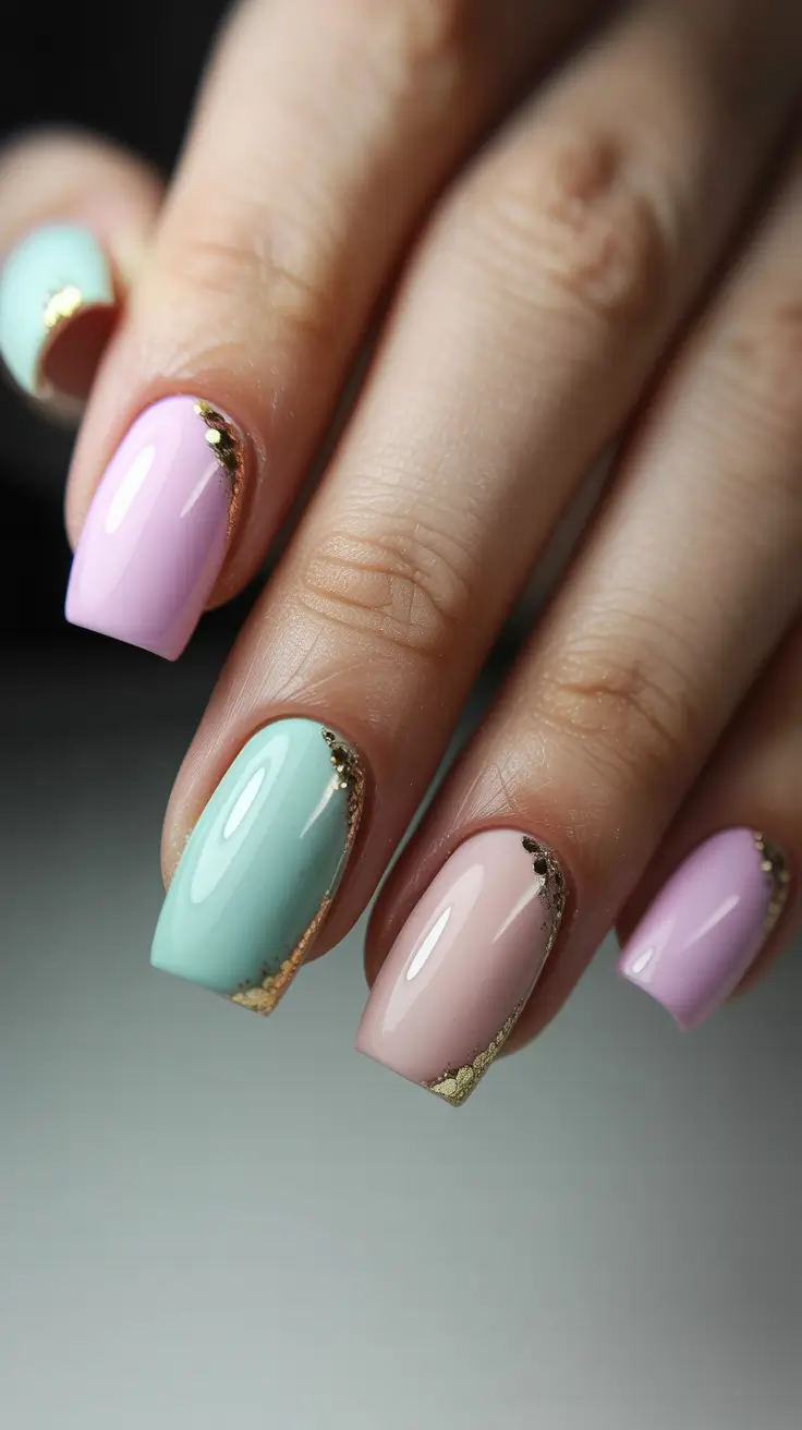 cute spring gel nails 2026 Pastel Color Blocking with Liquid Gold Edges