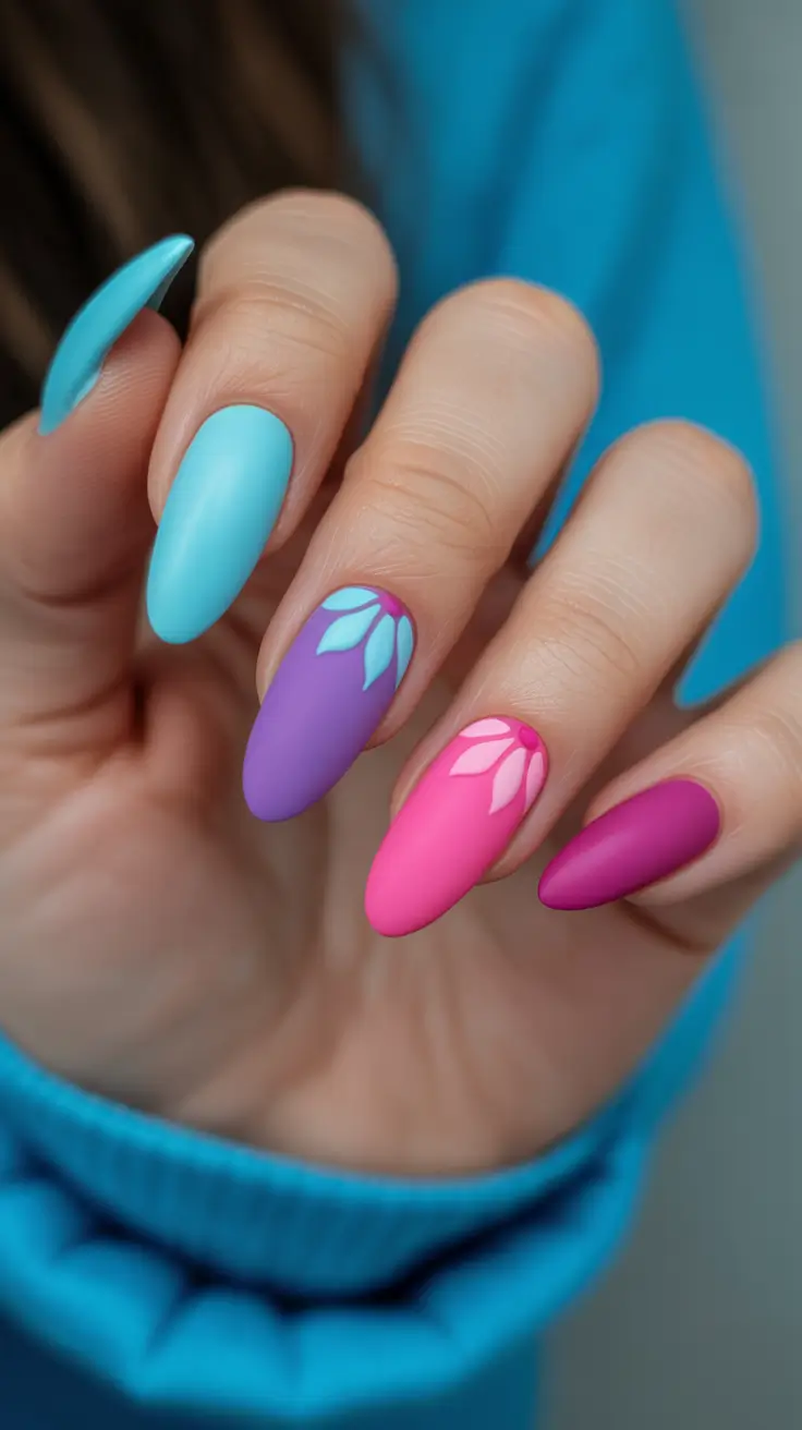 cute spring gel nails 2026 Matte Pastel Almond Mix with Abstract Petals