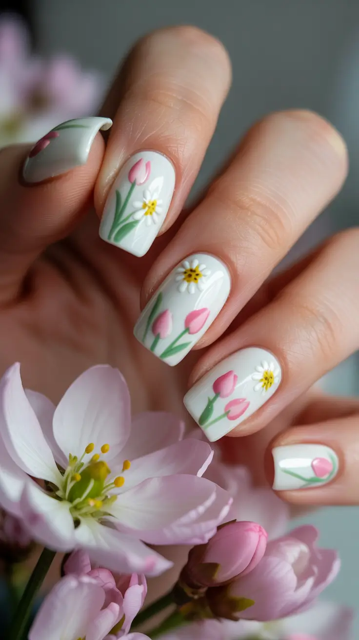 cute spring gel nails 2026 Soft Botanical Garden Nails with Tulip Details