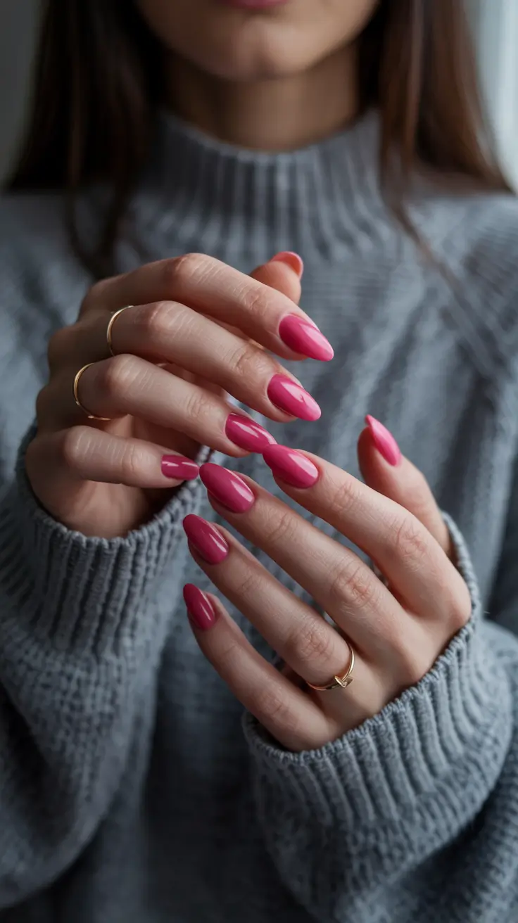 cute spring nail colors 2026 Glossy Raspberry Almond - A Playful Power Move