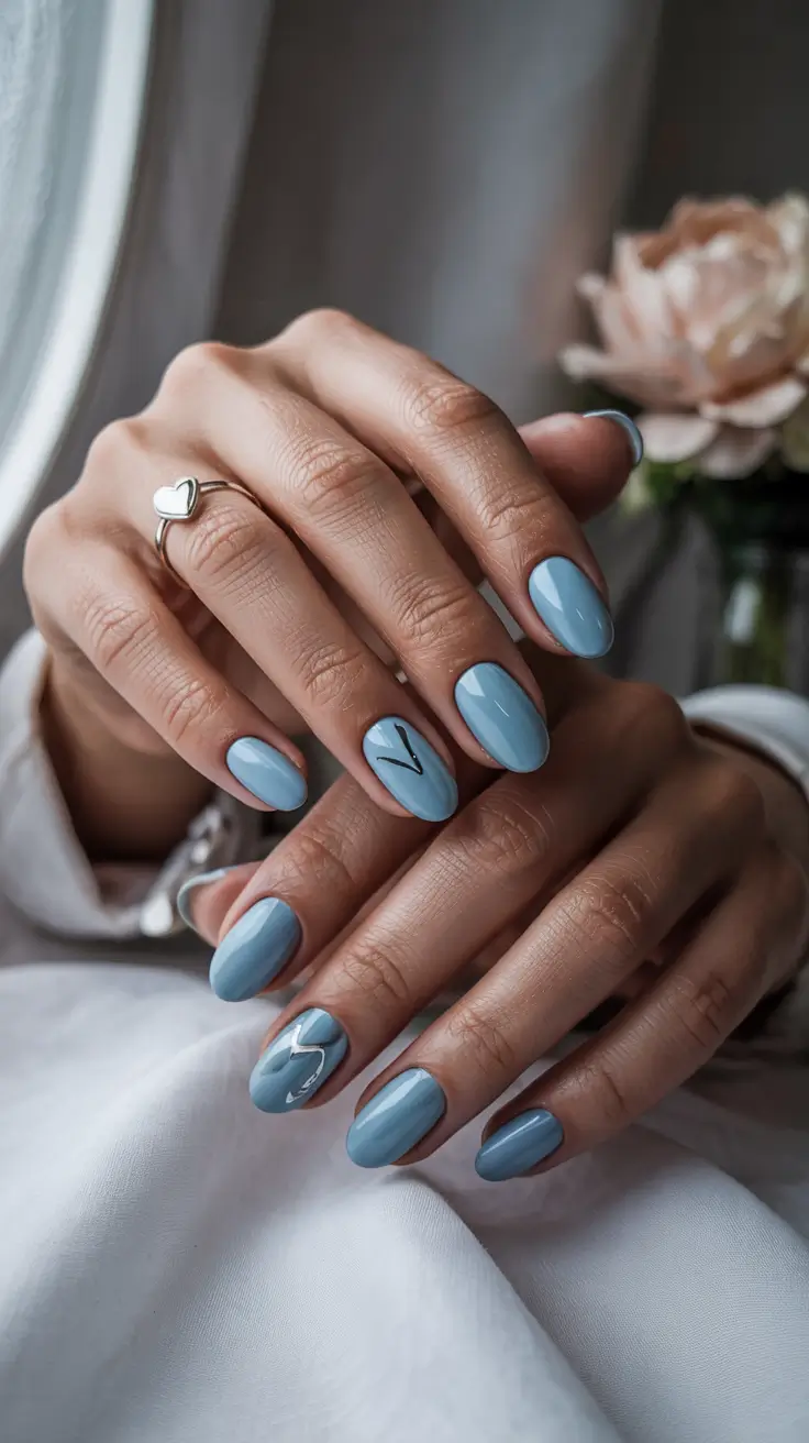 cute spring nail colors 2026 Dusty Sky Blue with Minimal Line Art - Modern Soft Graphic