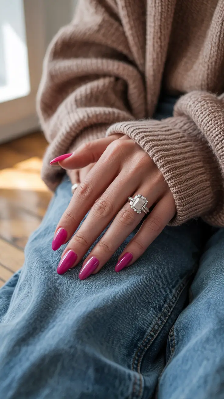 cute spring nail colors 2026 Hot Pink Almond - Confident Spring Glow