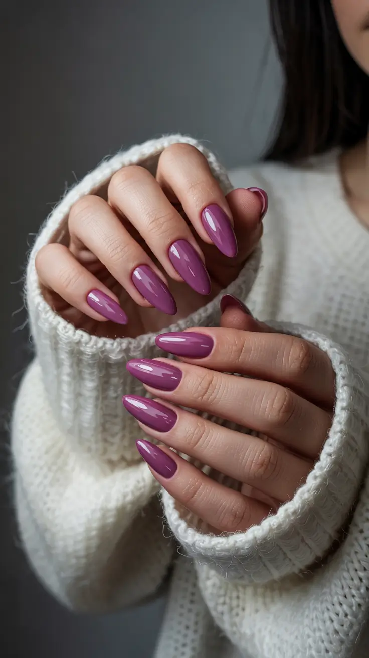 cute spring nail colors 2026 Glossy Mauve Almond - Elevated Everyday Purple