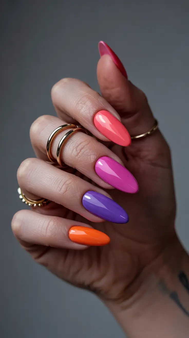 cute spring nail colors 2026 Neon Sorbet Almond - Playful Color Pop