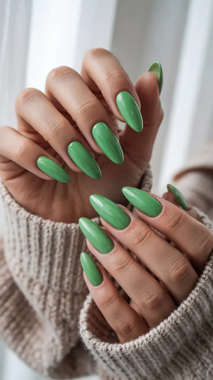 cute spring nail colors 2026 Glossy Leaf Green Almond - Fresh Statement Energy