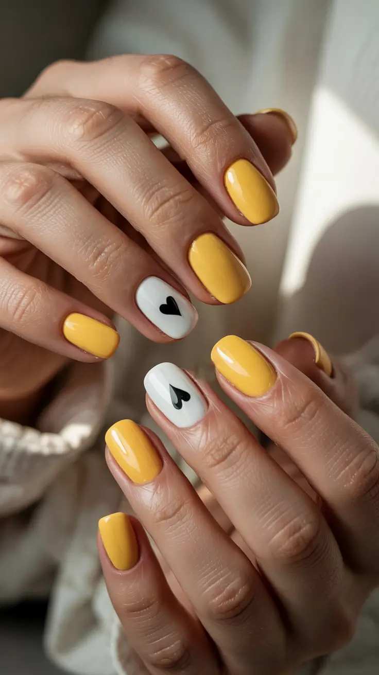 cute spring nail colors 2026 Sunny Butter Yellow with Minimal Hearts - Playful Accent Mood