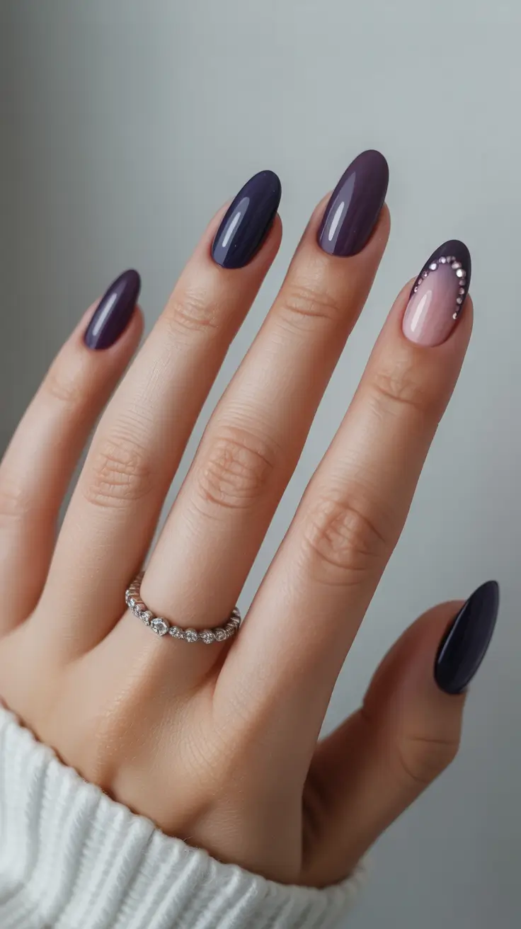 cute spring nail inspo 2026 Midnight Plum Elegance with Crystal Accent Detail
