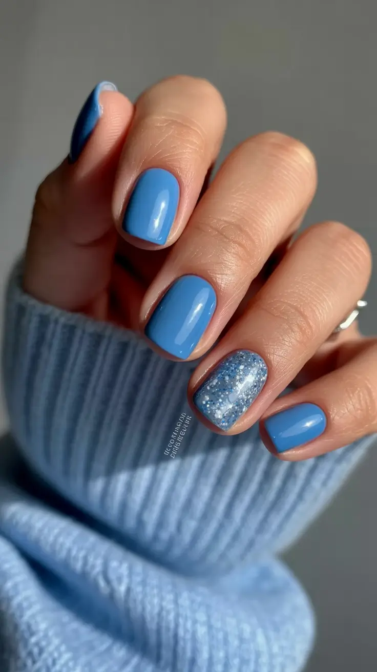 cute spring nail inspo 2026 Sky Blue Gloss with Frosted Glitter Accent