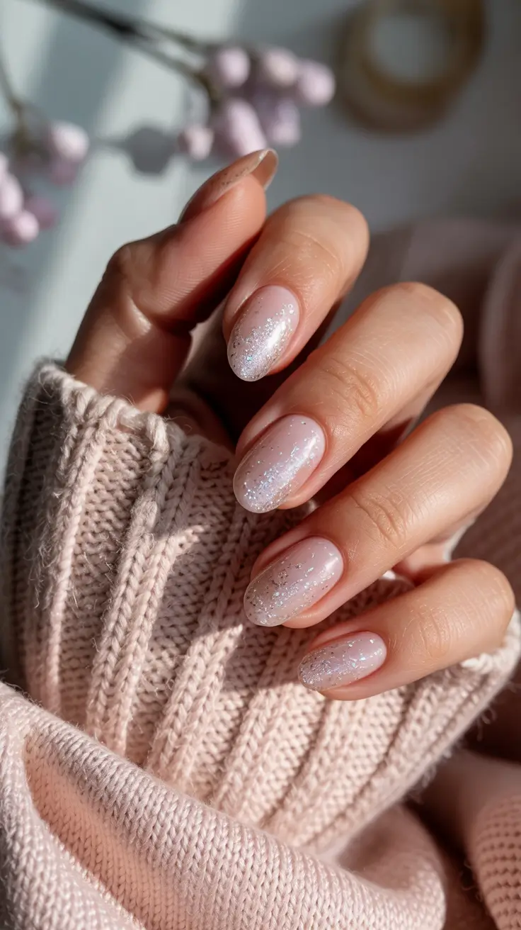 cute spring nail inspo 2026 Sheer Blush Sparkle for Soft Romantic Spring Nails