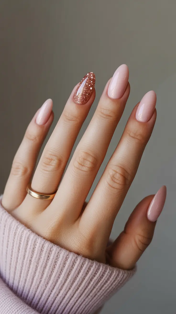 cute spring nail inspo 2026 Soft Nude Almond with Copper Glitter Accent