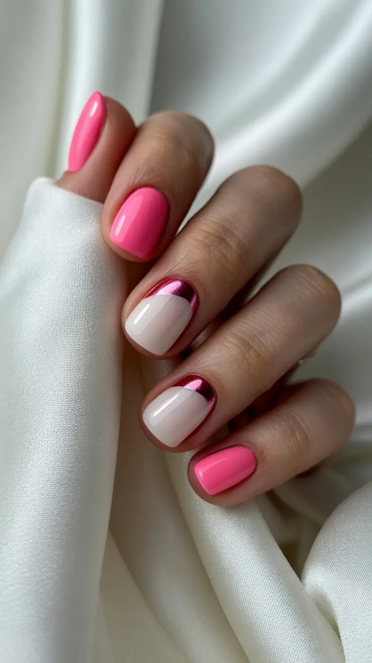 cute spring nail inspo 2026 Glossy Pink Pop with Modern Metallic Half-Moons
