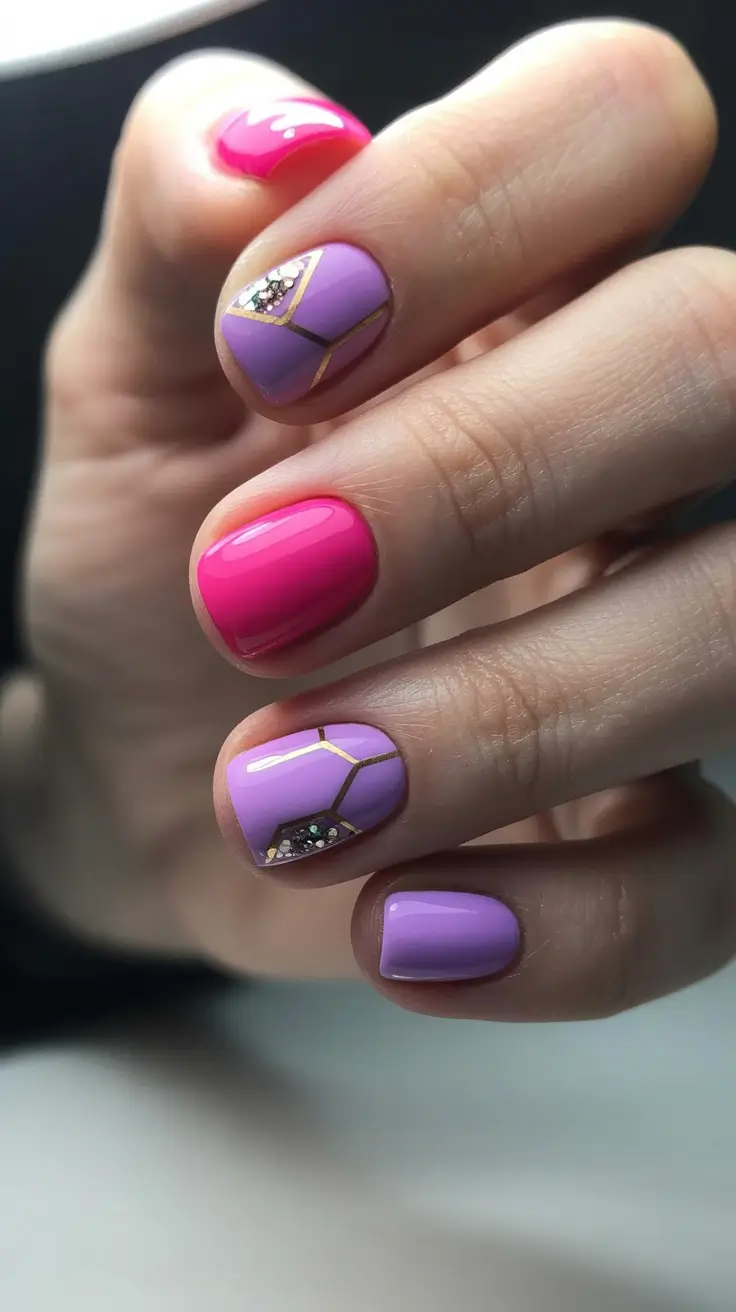 cute spring nail inspo 2026 Playful Lavender and Hot Pink Geometric Accent Nails