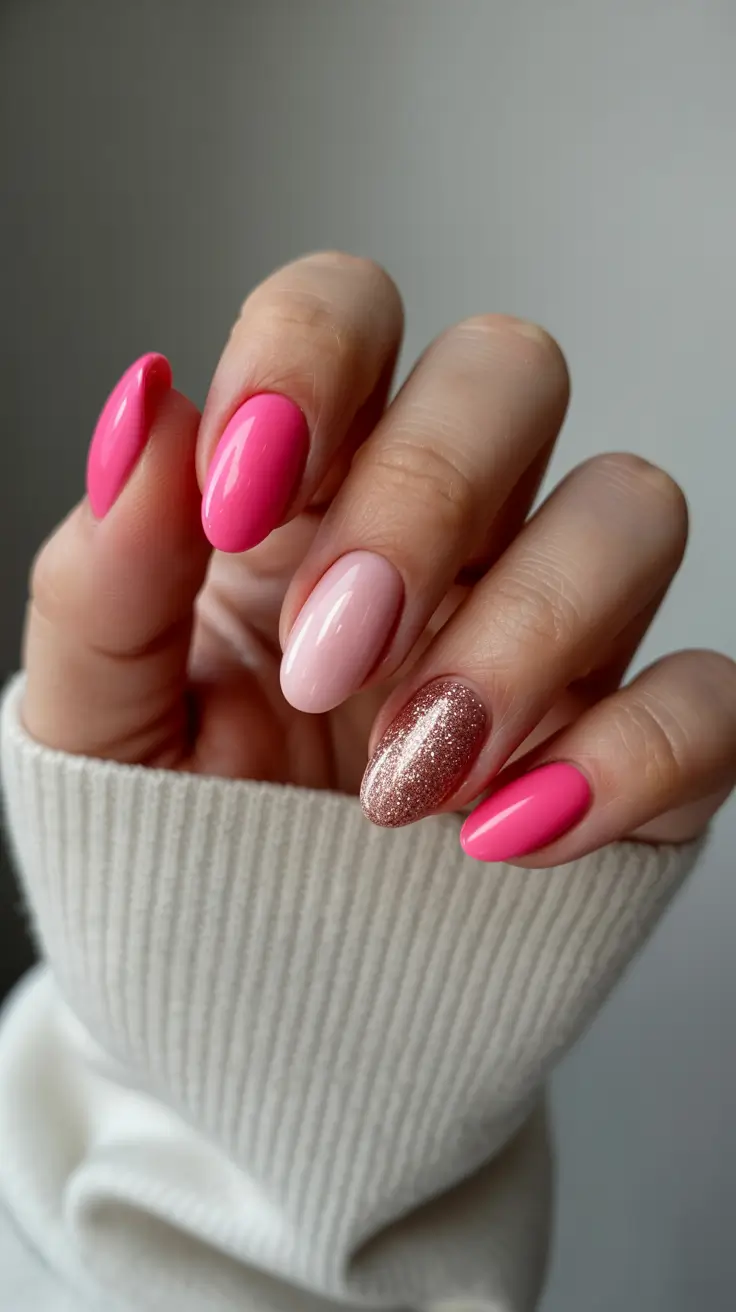 cute spring nail inspo 2026 Rosy Pink and Glitter Accent Almond Nails for Soft Glam Spring