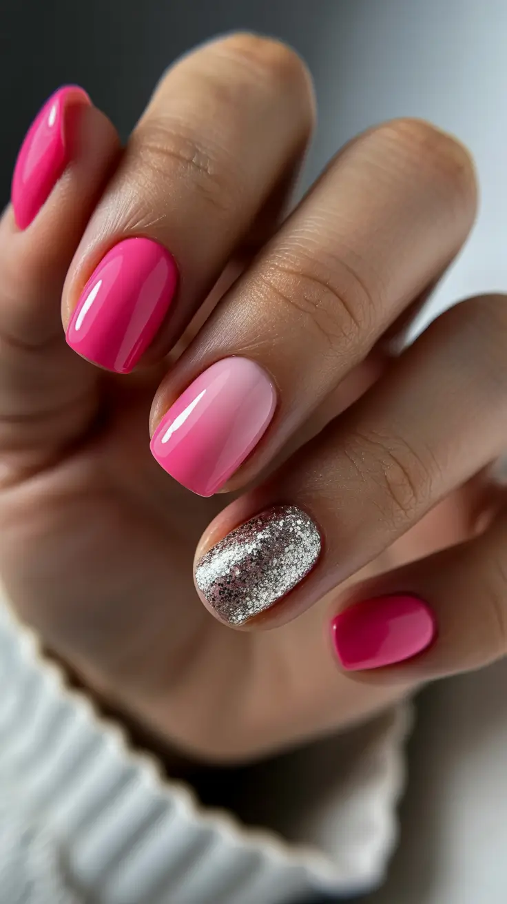 cute spring nail inspo 2026 Pink Ombré with Silver Glitter Accent for Playful Spring Energy