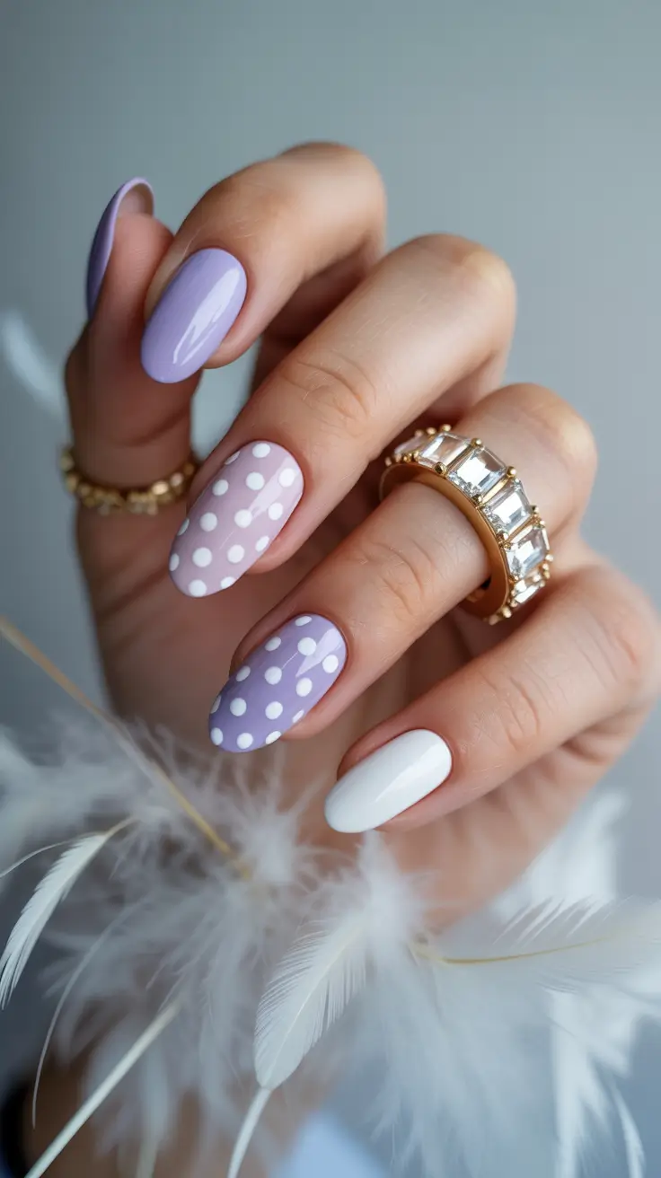 cute spring nails acrylic 2026 Lavender Polka Dot Playfulness