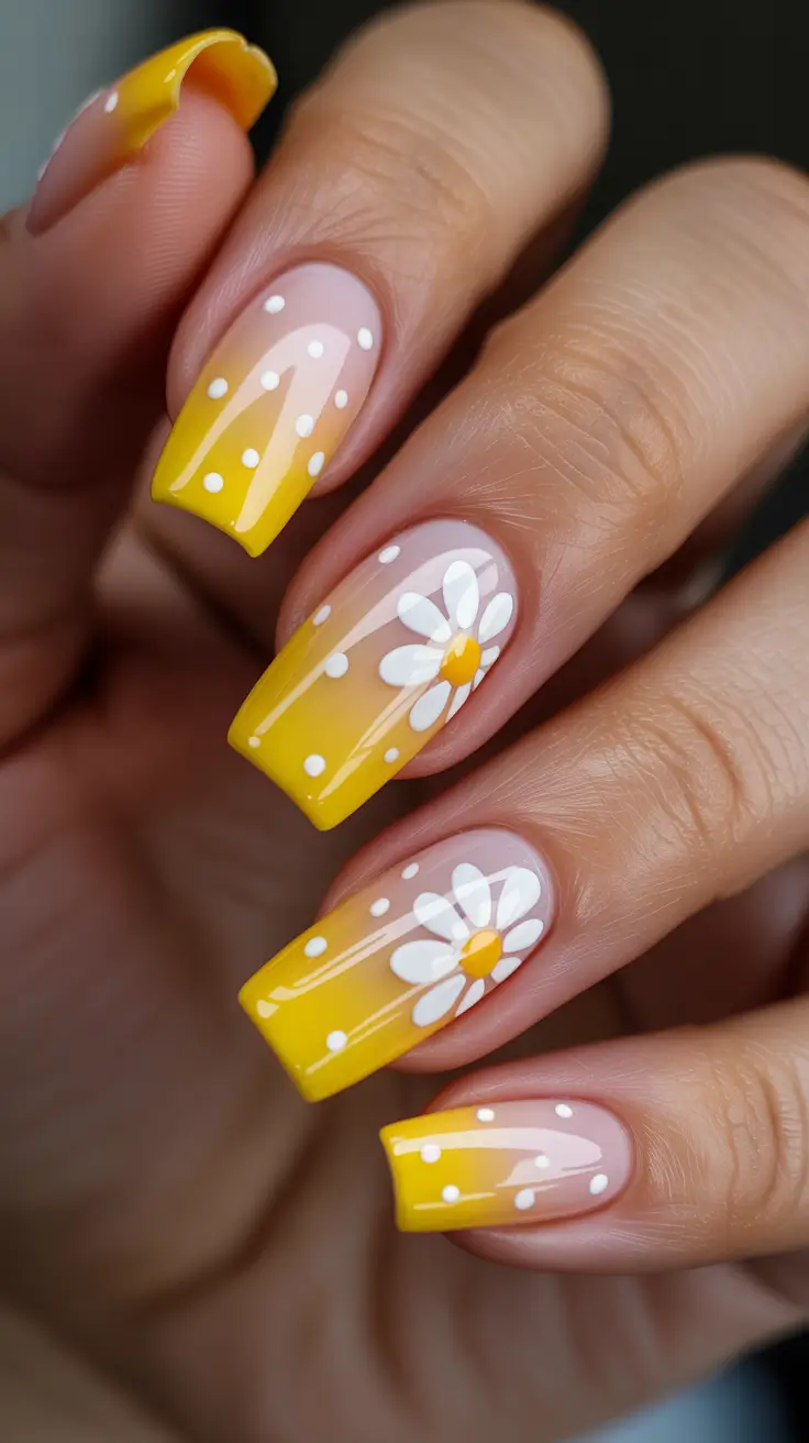 cute spring nails acrylic 2026 Yellow Ombre with Daisy Accents