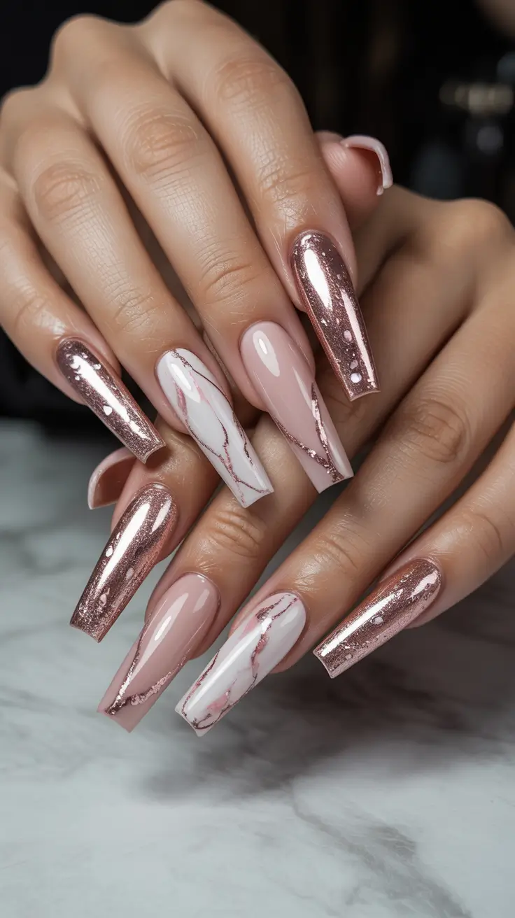 cute spring nails acrylic 2026 Rose Gold Marble Glam