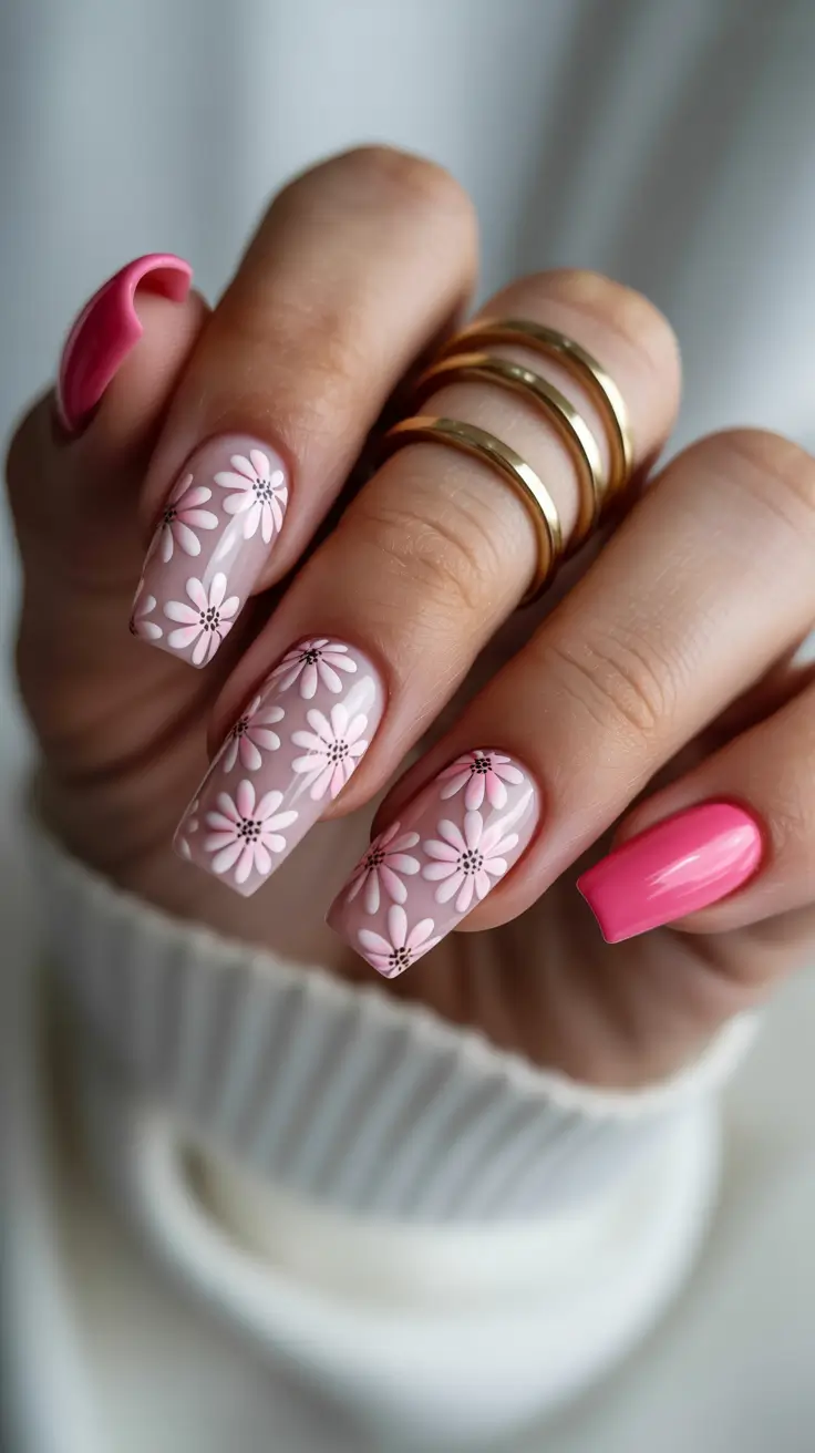 cute spring nails acrylic 2026 Blush Floral with Hot Pink Pop