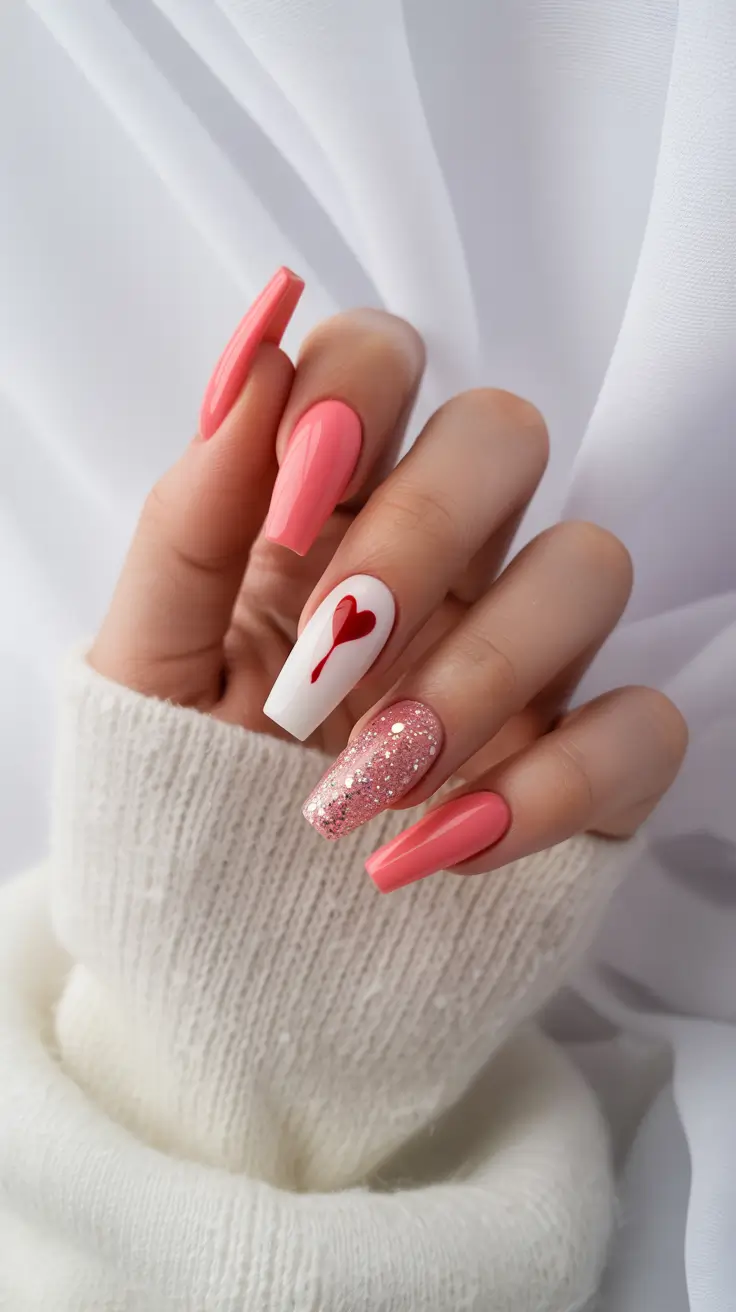 cute spring nails acrylic 2026 Coral Love with Glitter Accent