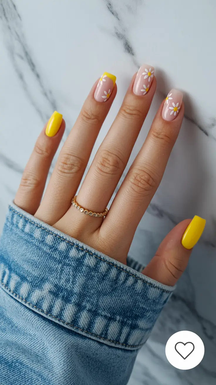 cute spring nails acrylic 2026 Sunny Yellow French with Playful Daisies