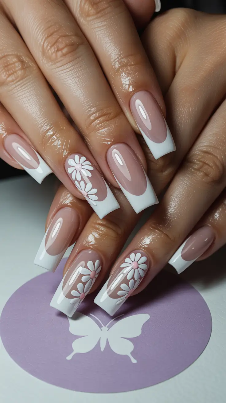 cute spring nails acrylic 2026 Classic French with Floral Embellishment