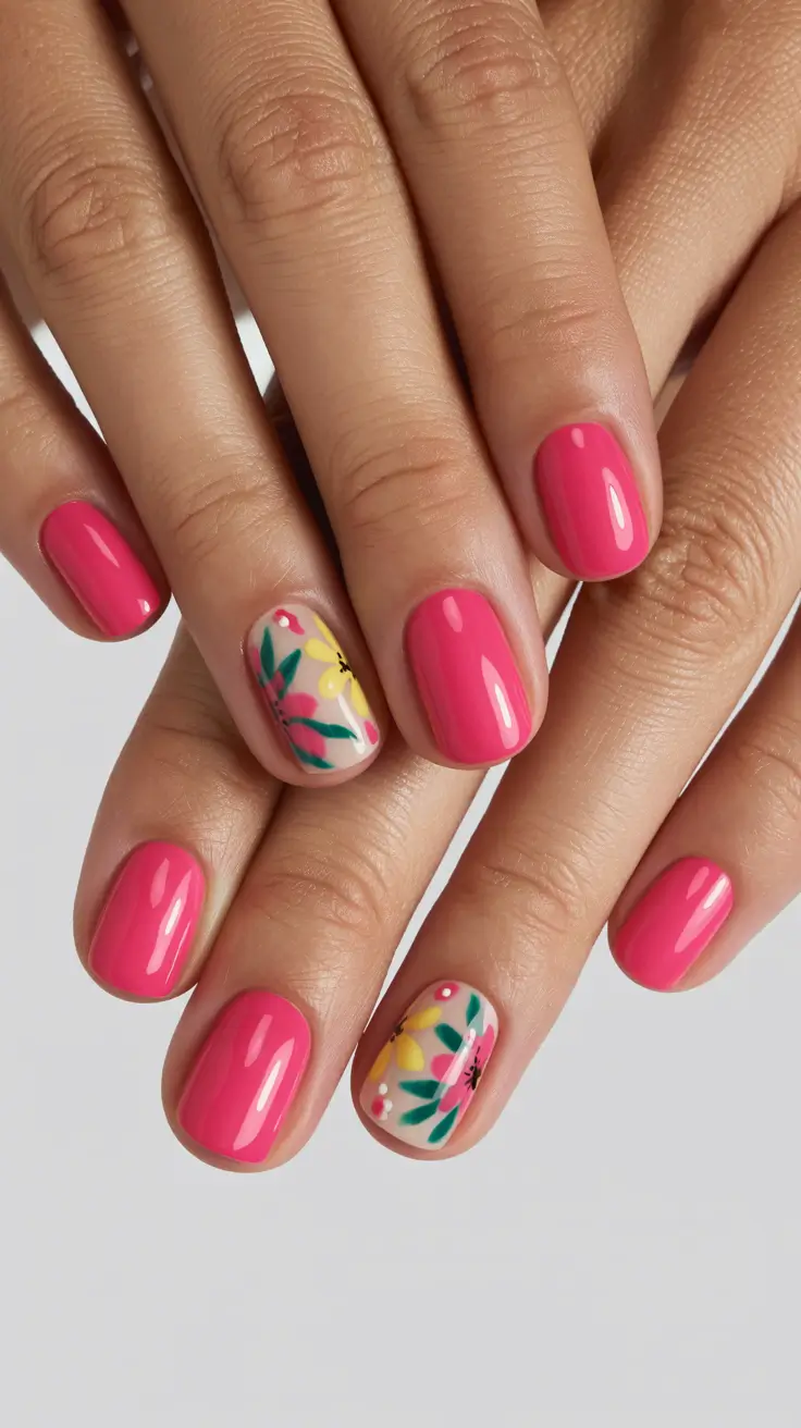 cute spring nails acrylic 2026 Hot Pink Gloss with Floral Accent Pop