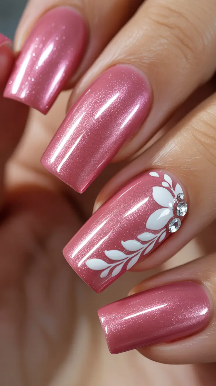 cute spring nails acrylic 2026 Rose Shimmer with White Botanical Accent