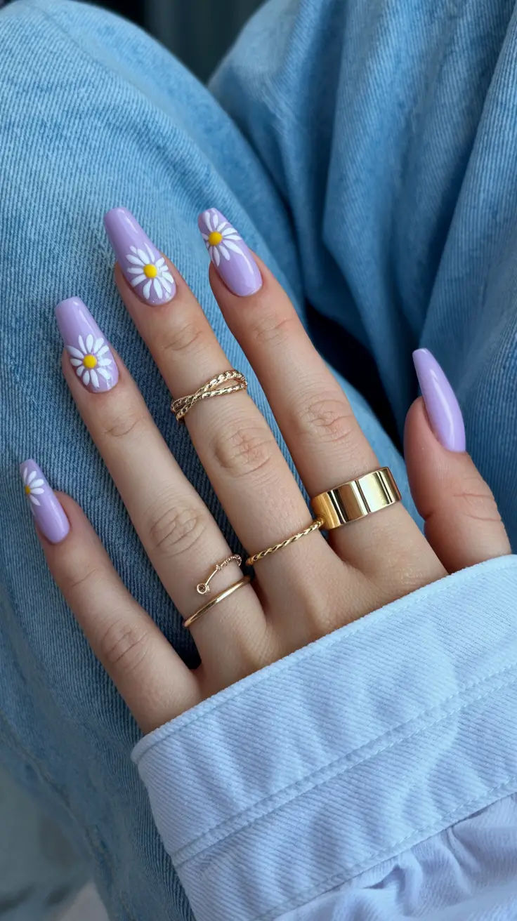 cute spring nails coffin 2026 Lavender Daisy Revival on Coffin Tips