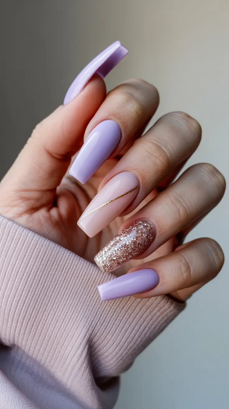 cute spring nails coffin 2026 Lilac Nude and Gold Sparkle Elegance