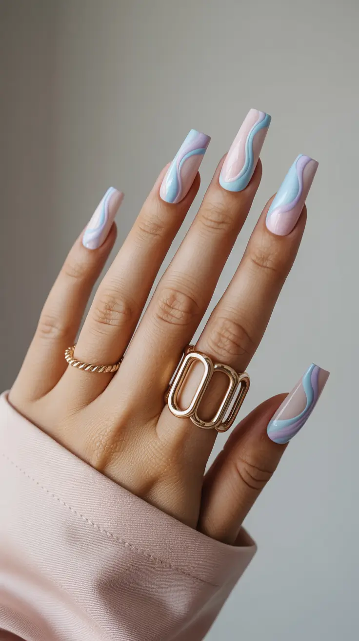 cute spring nails coffin 2026 Pastel Wave Flow in Baby Blue and Lilac