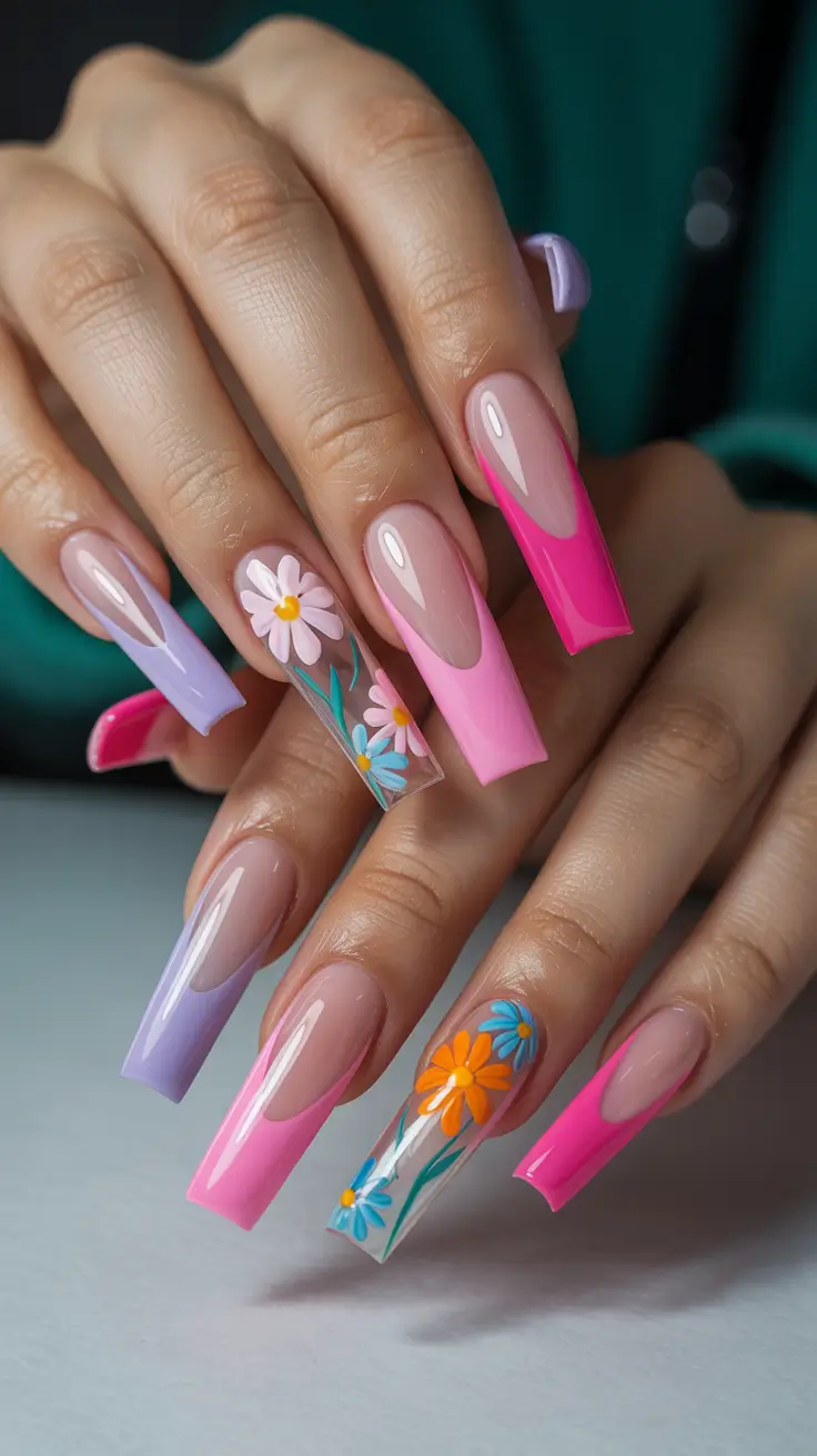 cute spring nails coffin 2026 Hot Pink French Fade with Floral Accent Art
