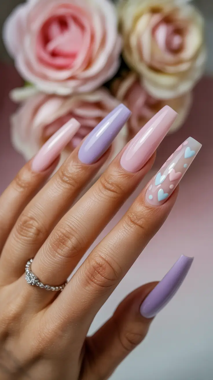 cute spring nails coffin 2026 Soft Lavender and Blush with Heart Accents