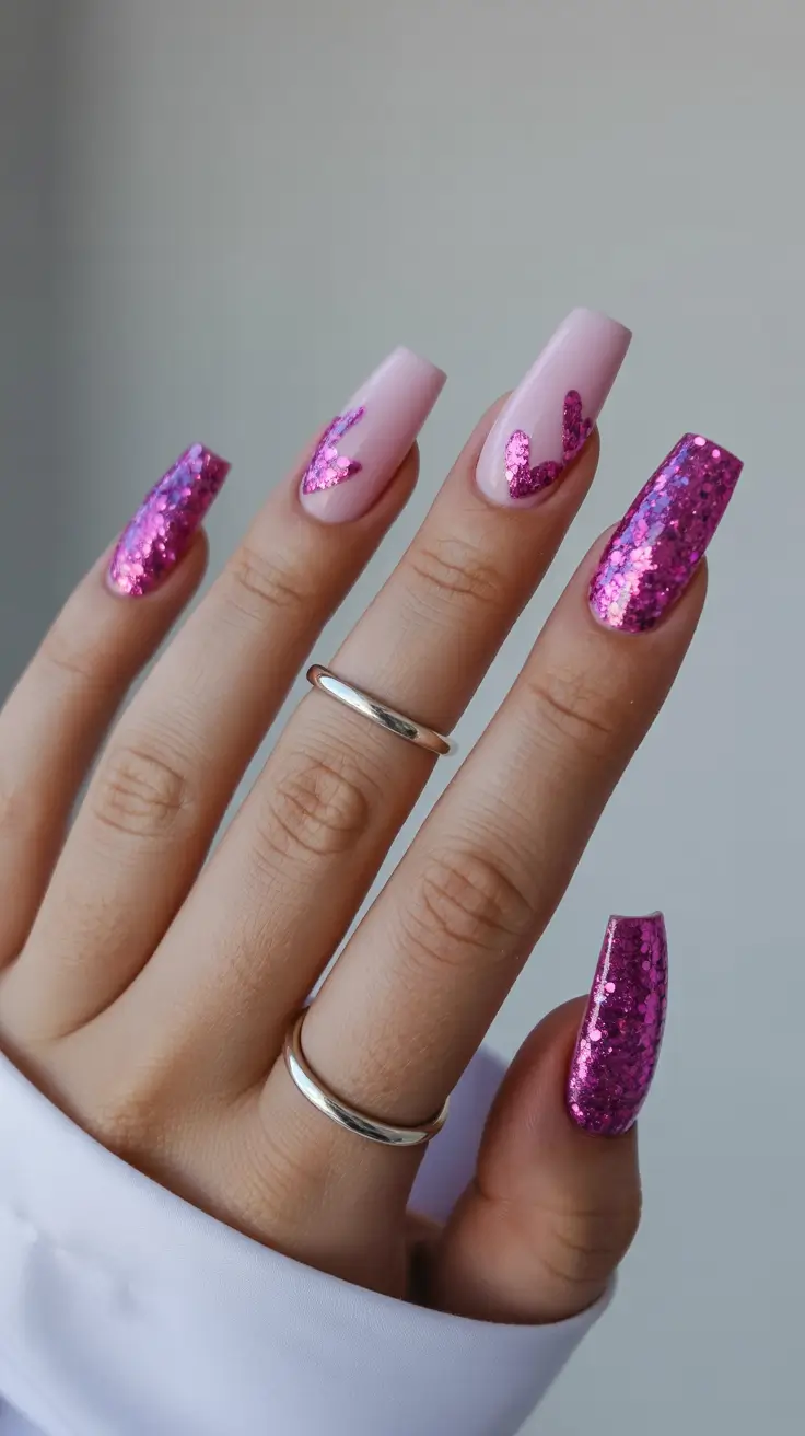 cute spring nails coffin 2026 Magenta Glitter Drama with Pink Heart Details